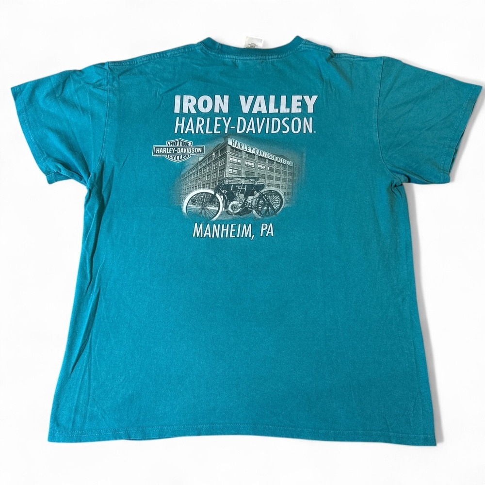 Harley Davidson T Shirt Adult Size Large Blue Double Sided Motorcycle Biker Tee